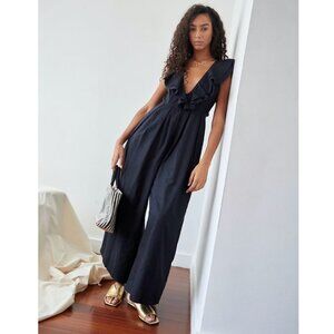Free People Marta Black Linen Cotton Wide Leg Ruffle Minimalist Boho Jumpsuit